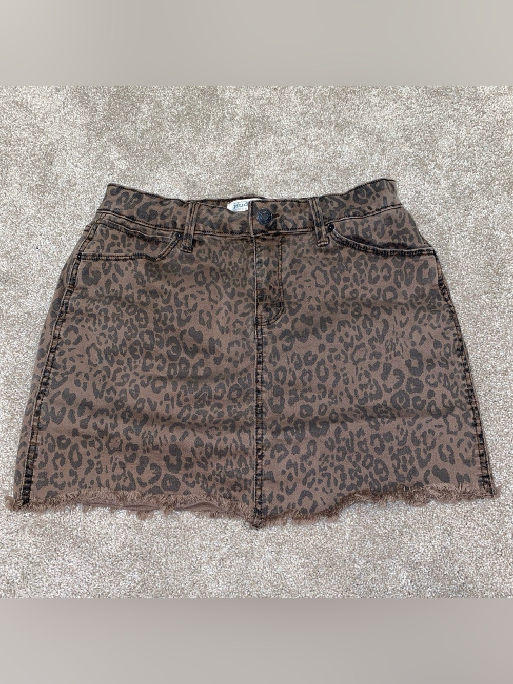 Mudd Leopard Print Mini Jean Skirt Brown Frayed Hem Juniors 9 FLX Stretch